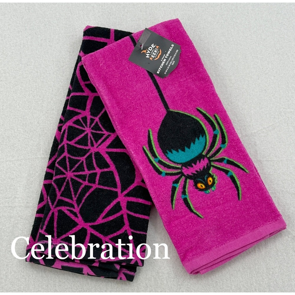 Hyde and Eek Halloween Kitchen Towels 2 Pack Pink Spider Web 100% Cotton NEW